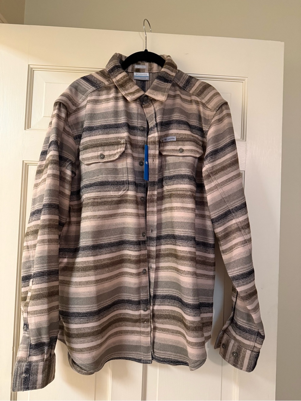 Columbia Striped Flannel Shirt in Taupe, Olive & Gray